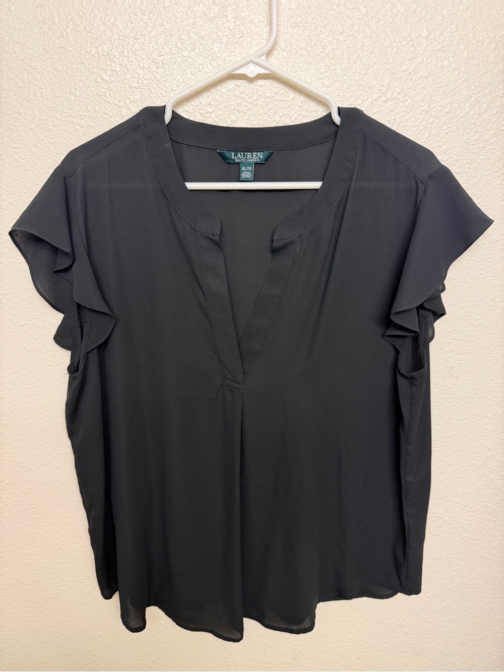 Lauren Ralph Lauren Black Ruffle Sleeve V-Slit Blouse